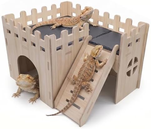 Bearded Dragon Hide Cave Basking Platform - with Climbing Ramp,Wooden Lizard Hideout Accessories Terrarium Decor, Reptile Basking Platform Accessories for Bearded Dragons, Geckos, Snakes & Turtles