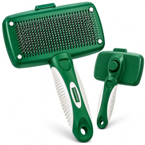 Oakwood by Libman Self Cleaning Slicker Brush for Dogs & Cats – Dog Brush for Shedding, Detangling & Grooming – Removes Loose Hair, Tangles & Dander – Click-to-Clean – Long, Short, Curly & Wiry Coats