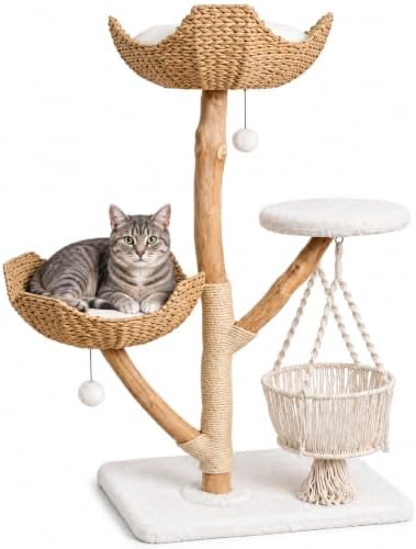 Modern Natural Wood Cat Tree – 45.3-Inch Stable Multi-Level Cat Tower