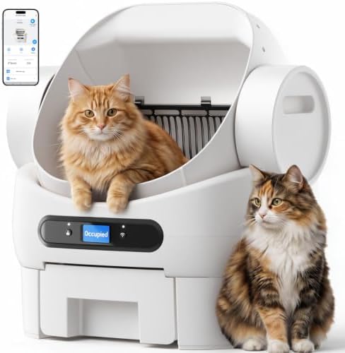 Open-Top Automatic Cat Litter Box, Self Cleaning Litter Box for Multiple Cats, 10 Safety Sensors, Large Capacity with APP Control, Noise&Odor Control Robot, LED Display, Hands-Free, White