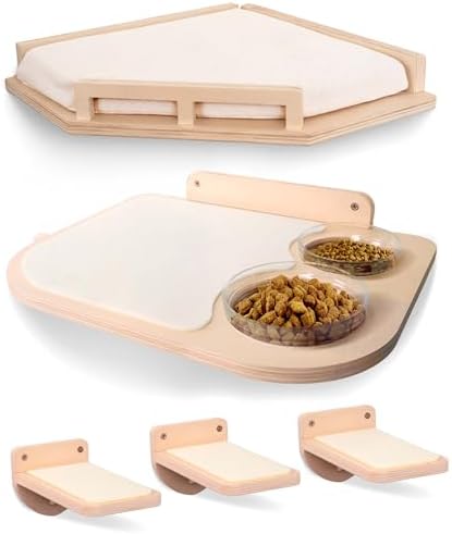 INICO Cat Wall Shelves and Feeding Shelf Bundle - Wall Mounted Cat Furniture with Climbing Shelves and Pet Feeder – Durable and Easy to Install Birch Pet Stairs for Up to 15lbs Cats - Wood Brown