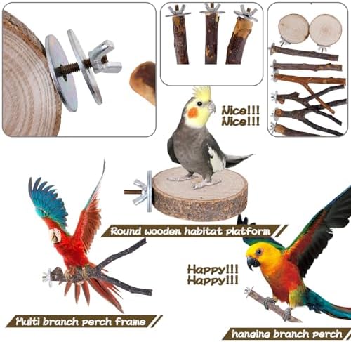 8 Pieces Bird Perch Natural Wooden Parrot Perch Stand Fork Toys Hanging Multi-Branch Perches Platform Hammock Swing Toy for Macaws, Small Parakeets, Conures, Budgies, Finches (A-Color, Mix)