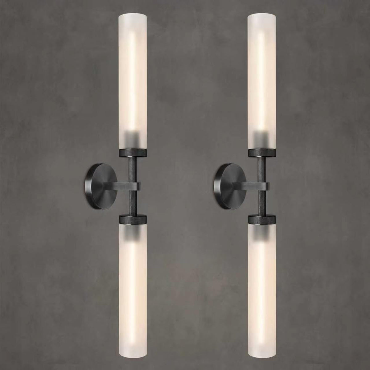 2Pc 30" Knurled Black 2 Light Wall Sconces, Long Modern Hardwired Bathroom Vanity Light, Frosted Glass Tube Linear Modern Wall Light Fixtures, for Mirror, Bedroom, Living Room, Hallway