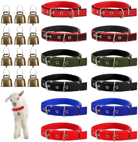 Coloch 12 Pack Goat Collars with Bells, Adjustable Nylon Sheep Collar with Anti-Lost Loud Cow Bells Small Copper Bronze Bells for Sheep, Cow, Goat, Dog