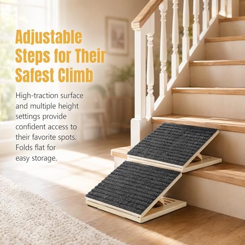 2PCS Adjustable Wooden Dog Ramp for Small Medium Dogs, Non-Slip Foldable Pet Ramp for Bed Couch Stairs, Ideal for Senior Dogs & Joint Pain, Portable Height Adjustable Dog Stairs for Indoor Use