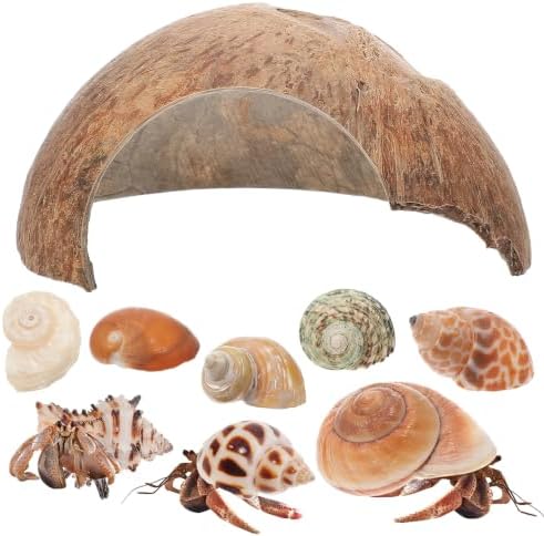 SHINEOFI Hermit Crab Hideout Coconut Shell Shelter with 8 Hermit Crab Shells Reptile Hide Cave Turtle Rest Hut Aquarium Habitat Decor for Fish Tanks and Reptile Containers