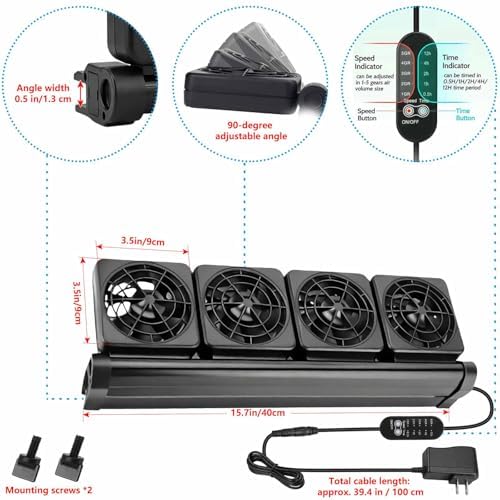 4-Fans Aquarium Chiller with Adjustable 5 Speed Controller 5 Timer Setting, Fish Tank Fan Aquarium Cooling Fan, 90° Adjustment Aquarium Cooler Fan Quiet for Tank Home Office