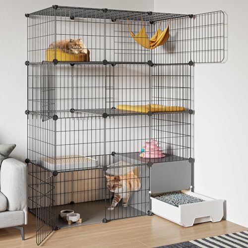Oneluck Large Cat Cage with Litter Box, 4-Tier DIY Enclosures Detachable Metal Wire Kennel Indoor Crate Large Exercise Place Ideal for 1-2 Cats (41.3" L x 17.8" W x 55.1" H)