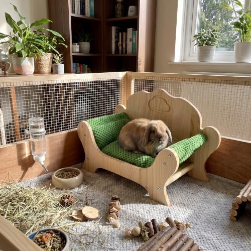 Guinea Pig Bed & Lizard Lounger Wooden Small Pet Sofa Couch with Soft Pineapple Fleece Cushion Pine Wood Bed for Guinea Pigs, Bearded Dragons, Hedgehogs, Hamsters