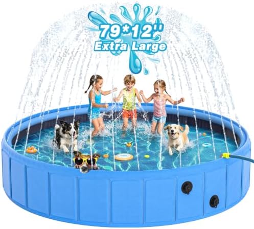 EPN Foldable Dog Pool with Sprinkler, Large Non-Slip PVC Pet Bath, 79 Inch