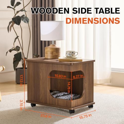 Wooden Cat Bed Side Table 2-in-1, Elevated Cat Hideaway Cave House with Cushion, Sturdy Pet End Table Furniture for Indoor Cats Bedroom Living Room（Walnut）