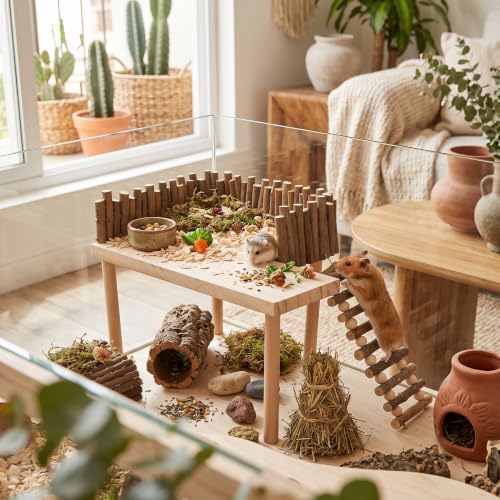 HEEPDD Wooden Hamster Platform, Climbing Toys Playground with Fence Bridge for Small Pets, Gerbil, Rat