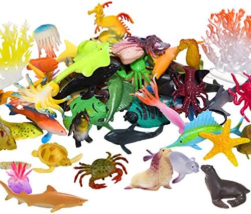 Ocean Sea Animals Figures, 60 Pack Mini Plastic Deep Underwater Life Creatures Set, STEM Educational Shower Bath Toys Gift for Baby Toddler Cupcake Toppers Party Supplies with Turtle Octopus Shark