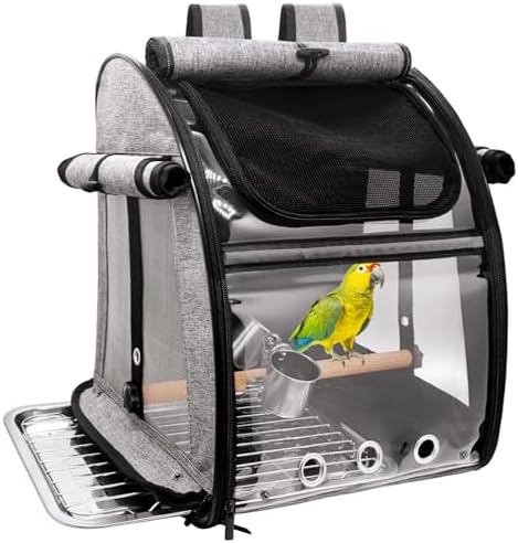 Bird Carrier Bag with Perch, Bird Travel Carrier Backpack with Stainless Steel Plate and Mesh, Portable Transparent Parakeet Travel Cage with Feeder Cups for Small Birds Parakeet Parrot
