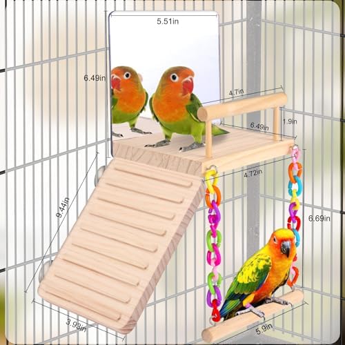 KyoukiBird Perch Platform Bird Toys with Bird Mirror Climbing Ladder Swing, Parakeet Cage Accessories - for Cockatiels, Lovebirds, Budgies,Pacific Parrotlets,Finch,Canaries - Wooden Play Gym