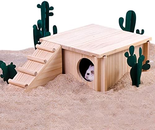 Fhiny Wooden Hamster Hideaout, Multi-Room Hamster House with Ladder
