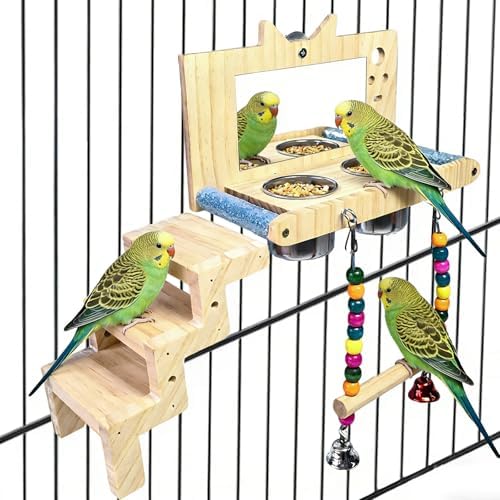 Bird Perch Platform Swing with Mirror Ladder Bowl,Parrot Play Gym Cage Toys