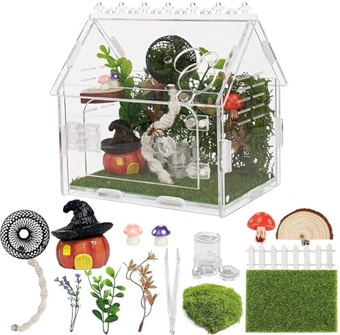 16Pcs Jumping Spider Enclosure Kit, 5.9"x3.9"x5.1" Arboreal Tarantula Habitat with Magnetic Lock & Decor, Acrylic Terrarium Complete Starter Kit for Small Spider, Praying Mantis, Reptile, Insect Cage