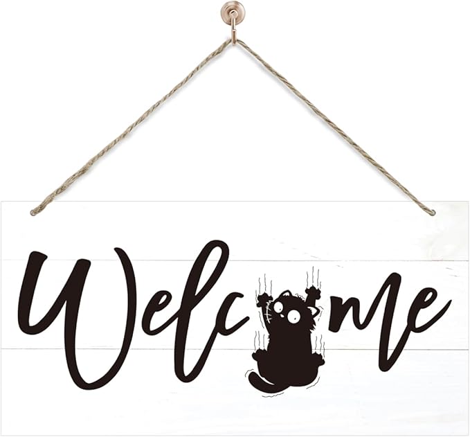Welcome Sign for Front Door, Welcome Decor Wooden Hanging Sign for Cats Lover by corner+wind