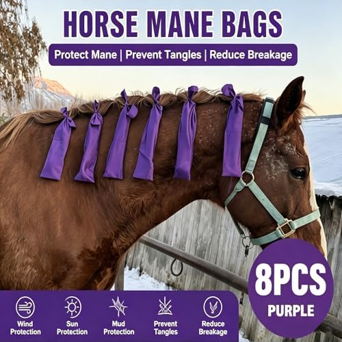 Horse Mane Bags for Horses - Protect Mane from Wind, Sun & Mud - Anti-Tangle & Anti-Breakage - Nylon Washable - Set of 8 (Purple & Black) (Purple)