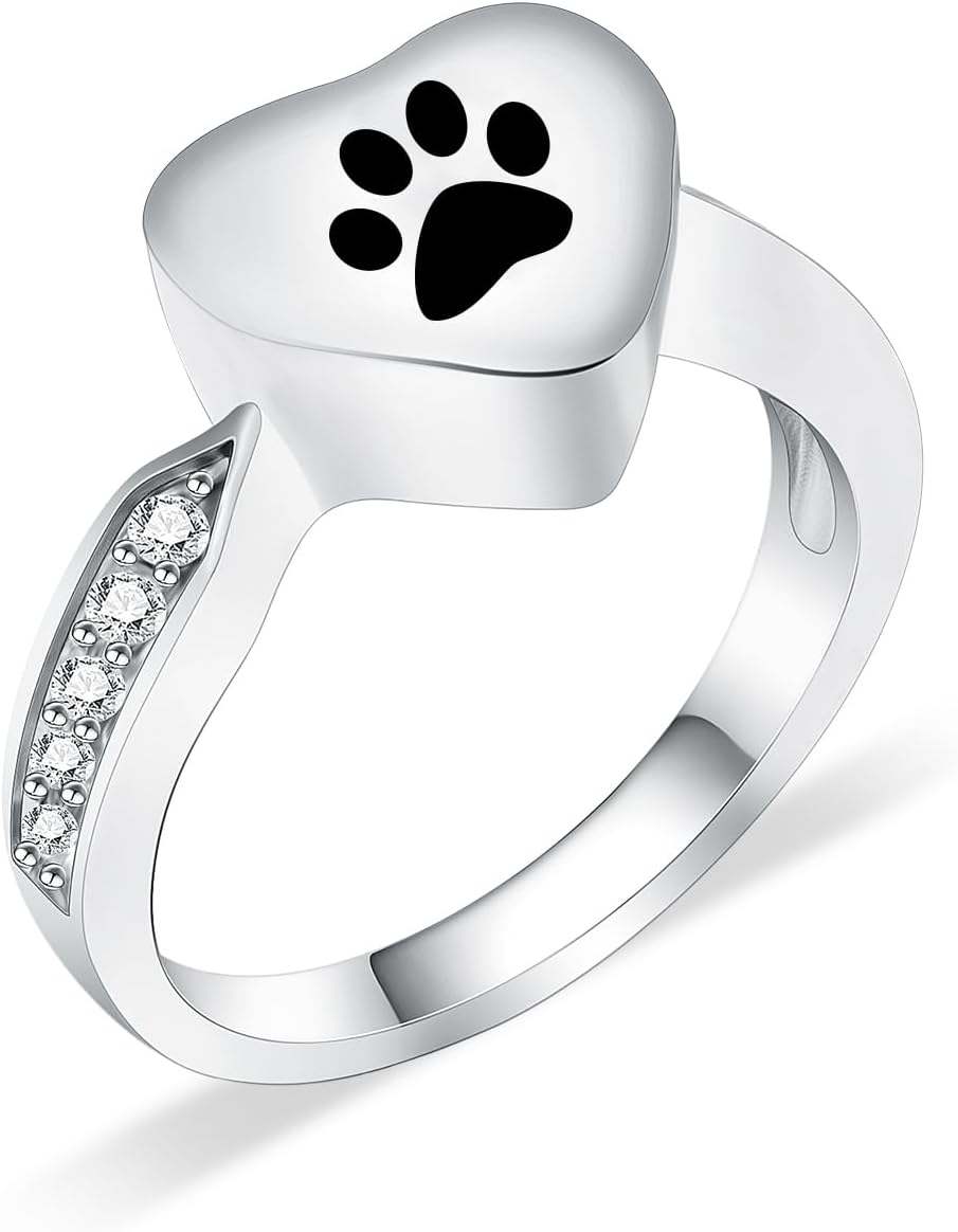 Love Heart Urn Ring for pet Dog Cat's Ashes Keepsake Memorial Jewelry Paw Print Cremation Finger Rings