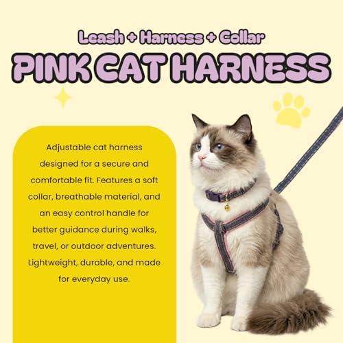 Pink Adjustable Soft-Padding Cat Harness Set – Reflective Walking Vest for Kittens & Small Cats (Pink, Medium)