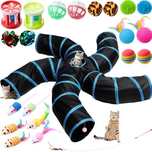 Poen 21 Pcs Cat Tunnels 5 Way Collapsible with 20 Toys Set, Blue Black