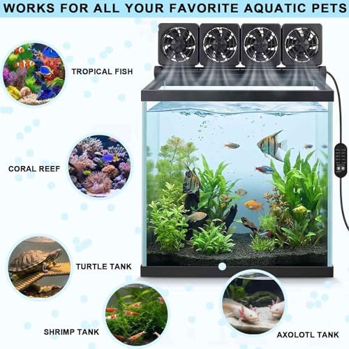 4-Fans Aquarium Chiller with Adjustable 5 Speed Controller 5 Timer Setting, Fish Tank Fan Aquarium Cooling Fan, 90° Adjustment Aquarium Cooler Fan Quiet for Tank Home Office