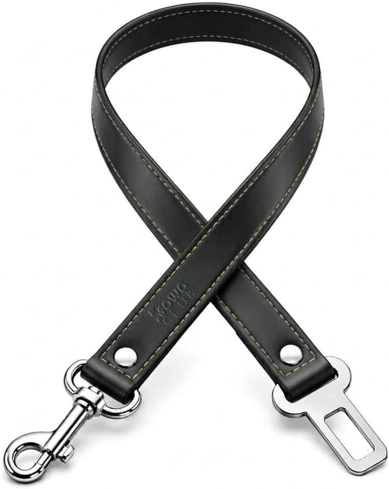 DowgClub Genuine Leather Dog seat Belt for car, Safe Distraction Free Driving, Heavy-Duty Design with Military Grade Hardware, Harness for Small, Medium and Large Pets (Black, 30")