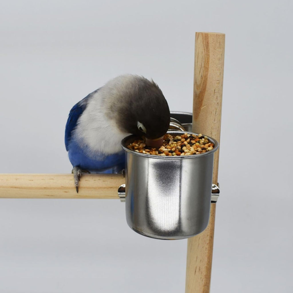 POPETPOP 2 Pcs Bird Parrot Feeding Double Cups with Clip - Stainless Steel Bird Bowls for Cage, Food Feeder Cups Hanging Bowl for Cage Stand Accessories