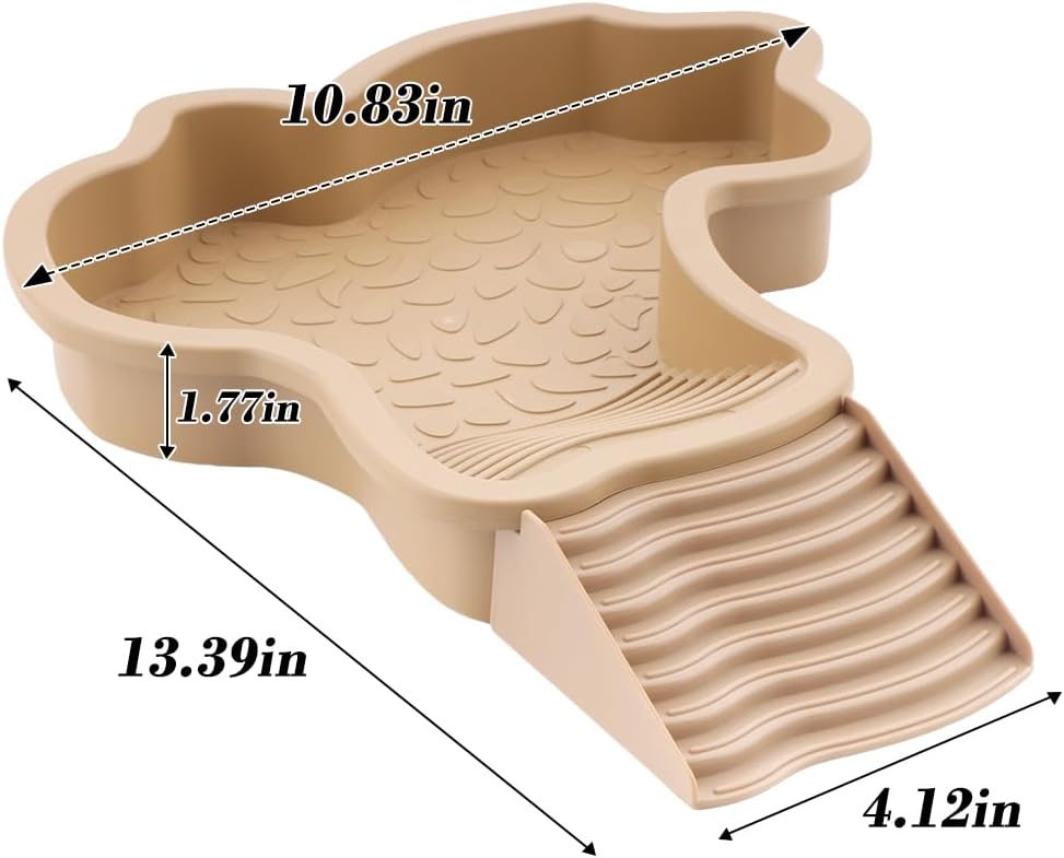 Large Reptile Bathing Pool Turtle Food Water Bowls with Ramp Aquarium Ornament for Turtle Horned Frog Lizard Gecko Snake (Brown)