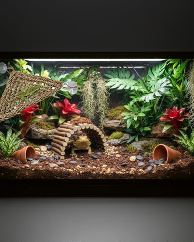 Bearded Dragon Hammock, Reptile Tank Decor with Climbing Hammock & Natural Wood Hideout for Bearded Dragon, Leopard Gecko, Lizards, Snakes, Tortoises Habitat Enrichment