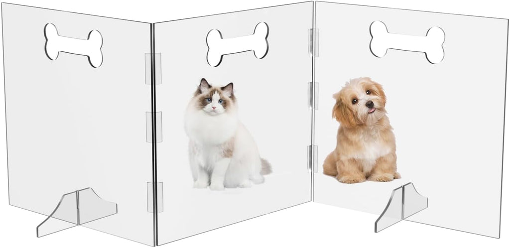 Clear Acrylic Dog Gate, 4 Panel 96" W x 31.5" H, Transparent Freestanding Pet Playpen Indoor, Foldable Pet Fence Barrier for Doorway with Handle/Support Feet