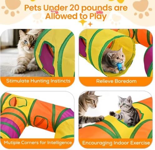 E-3-Way Cat Tunnel for Indoors Cats with Peek Holes & Hanging Balls