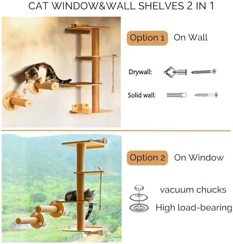 Cat Window Perch and Cat Wall Shelves 2 in 1 Cat Scratching Activity Tree Wall Mounted, Cat Scratch Post for Cats, Kittens with Cat Bed
