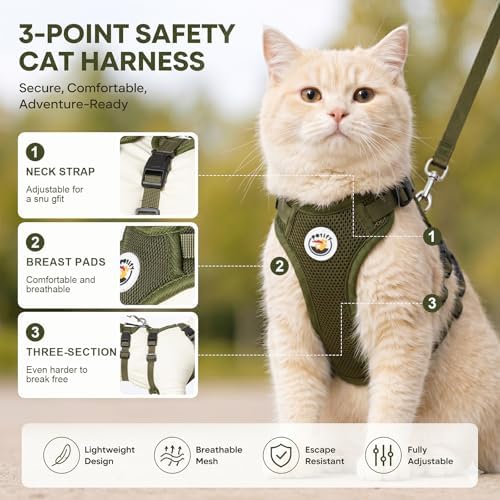 Escape Proof Cat Harness and Leash Set for Walking, 3-Point Adjustable Soft Mesh Kitty Vest Harness with Reflective Strip, Tactical Olive Green Adventure Pet Harness for Small to Medium Cats (S)