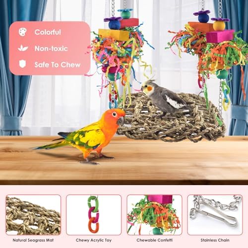 KATUMO Conure Toys, Bird Grass Swing Mat Parrot Climbing Hammock with Colorful Toys for Parakeet, Cockatiel, Sun Conure, Lovebird, Budgie, Small Birds (Pack of 2)