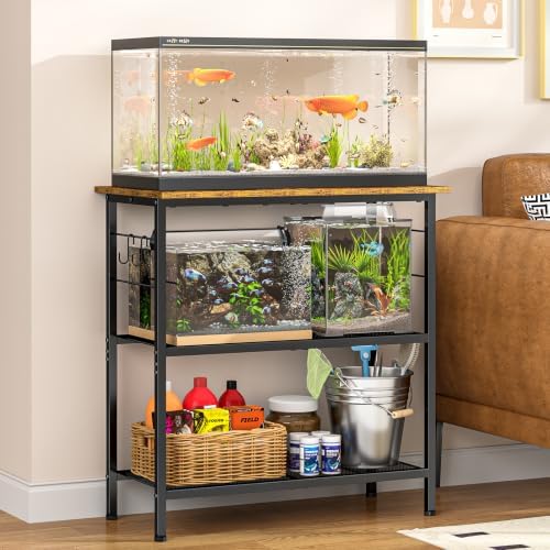 ThreeHio 20 Gallon Fish Tank Stand, 3 Tier Aquarium Stand with Movable Hooks, 28.5" L* 15.74" W Tabletop, Heavy Duty Terrarium Stand with Storage Shelf, Storage Table Shelf Rack Organizer for Kitchen, Living Room, Office, Balcony