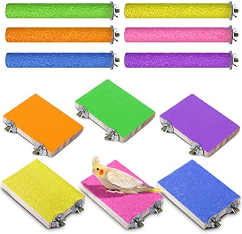 Reginary 12 Pcs Bird Perch Stand Toy Includes 6 Parrot Perch Wood Stand Bird Platform 6 Colorful Paw Grinding Stick for Cage Accessories Parakeet Cockatiel, 6 Colors