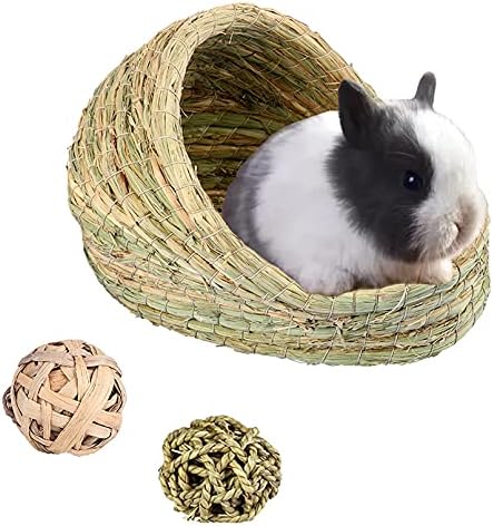 Bunny Grass Bed, Rabbit Woven Hay Bed, Small Pets Natural Handcrafted Grass House with Hay Chew Balls for Chinchillas Guinea Pigs Hedgehog Rat 3PCS