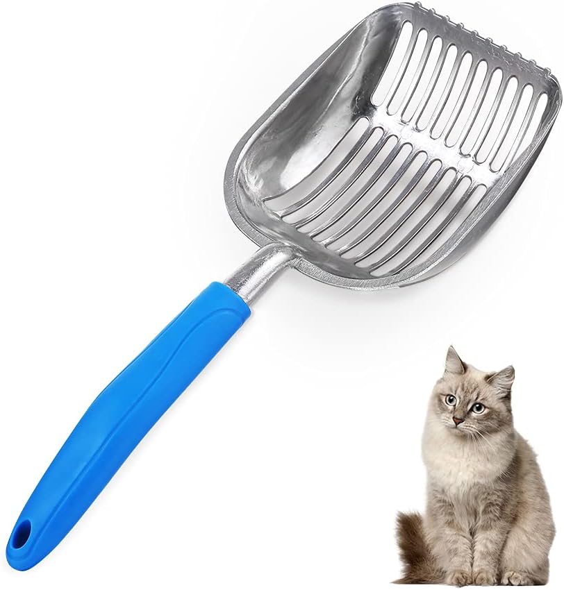 Cat Litter Scoops Latest Update Polishing Metal Cat Litter Scoop with Black, Solid Giant Aluminum Alloy Sifter Deep Shovel with TABS/Round Teeth Pet Kitty Litter Scooper