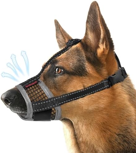 Dog Muzzle, Air Mesh Breathable Muzzle for Medium Large Sized Dogs to Anti & Prevent Biting Barking, Soft Grooming Muzzle for German Shepherd Dog with Reflective & Adjustable Strap(Black-L…