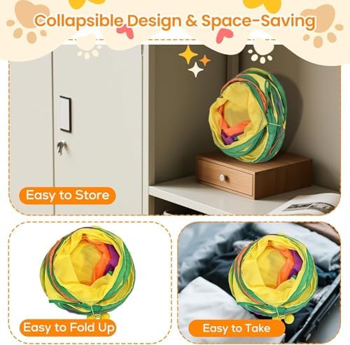 E-3-Way Cat Tunnel for Indoors Cats with Peek Holes & Hanging Balls