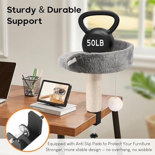 Cat Bed for Desk with Scratching Post – Cozy Elevated Cat Perch with Secure Clamp, Sturdy 50 lb Desk Bed & Hanging Toy for Home Office