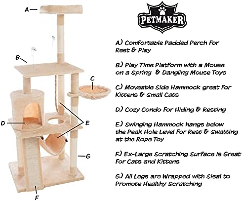 PETMAKER 4-Tier Deluxe Cat Tower - Large Scratching Board, 6 Scratch Posts, Napping Perches, Kitty Condo Hut, 2 Hammocks and Hanging Toys
