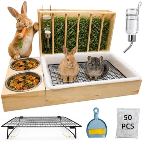 3 in 1 Rabbit Hay Feeder with Litter Box and 2 Bowls, Solid Wood Bunny Feeder Station with Adjustable Metal Hay Rack, Water Feeder, Cleaning Kit for Rabbits, Guinea Pigs, Chinchillas, Hamsters