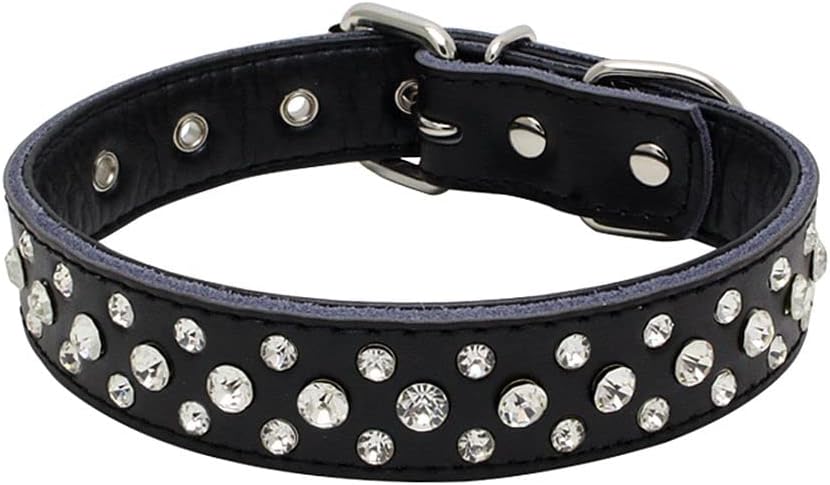 Rhinestones Dog Collar, Adjustable Sparkly Crystal Studded Genuine Leather Pet Dog Collar for Small and Medium Dogs (M, Red)