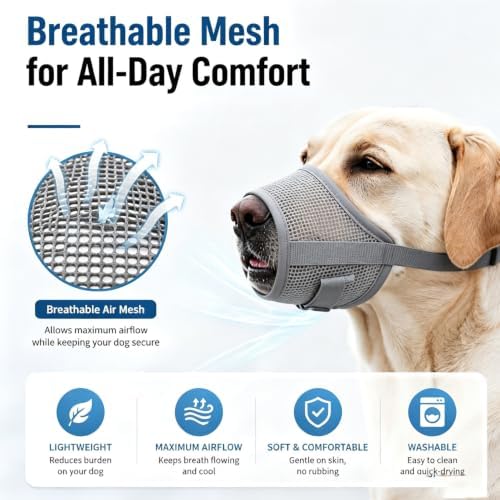 Adjustable Dog Muzzle, Breathable Soft Mesh Anti-Bite Muzzle,Black and Gray