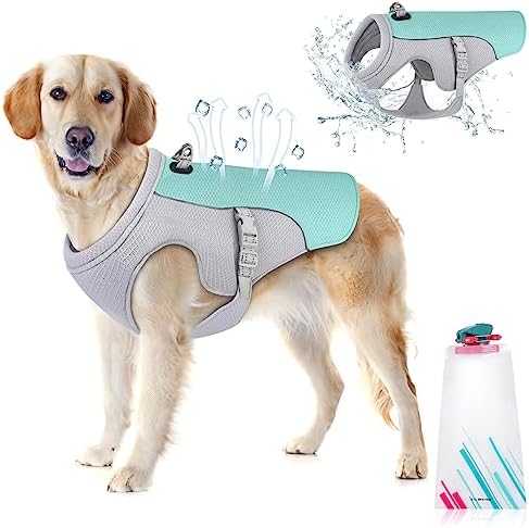 Guzekier Dog Cooling Vest Harness Cooler Jacket with Portable Water Bottle, for Walking, Outdoor Camping and Hunting Training (XL, Blue, White)