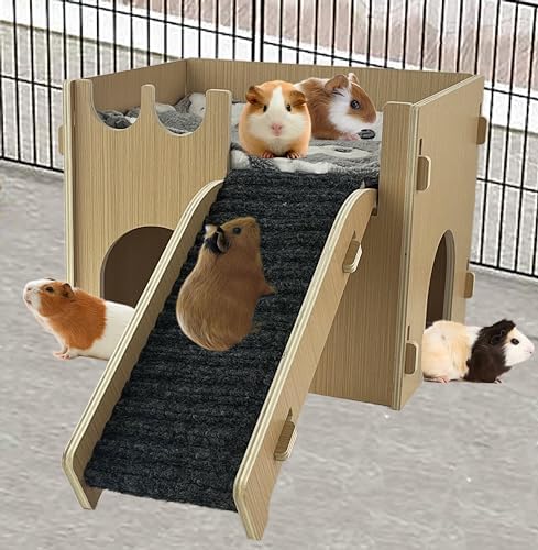 Guinea Pig Castle Hideout, Wooden Hamster House with Stairs & Mat,Small Animal House Hut Habitats 2 Doors for Hamsters Chinchillas Bunny Hiding Playing Sleeping